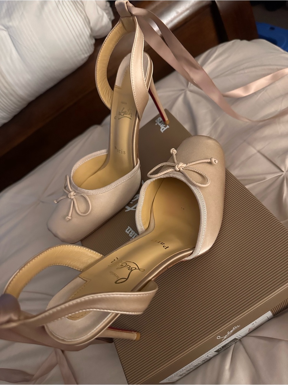 Christian Louboutin Blush Satin Ankle-Tie Ballet Pumps - Picture 4 of 8